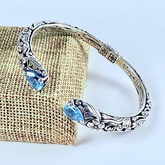 DESIGNER BLUE TOPAZ Floral Hinged Open Cuff Bracelet Sterling Silver Signed - Picture 1 of 11